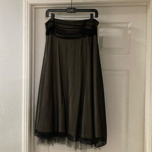 Women’s Midi A-line Skirt Gold with Black Translucent Overlay w/ Ruched Detail